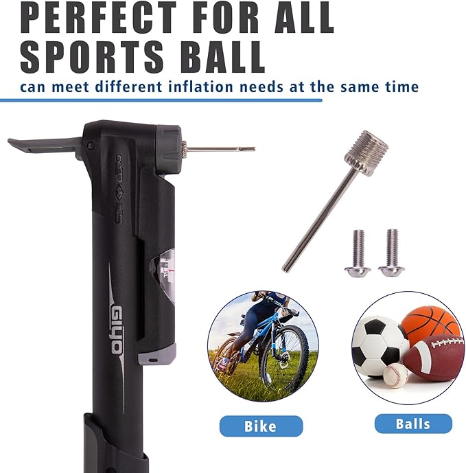 GIYO Mini Bike Pump, Portable Compact Bicycle Pump with Pressure Gauge, Tire Repair Kit, Perfect for Presta & Schrader Frame Mount for Road, Mountain & BMX Cycling, Ball Pump with Needle 120 PSI