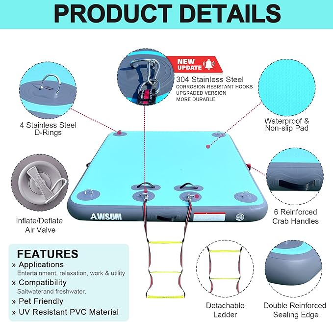 AWSUM Inflatable Floating Dock Air Dock Platform, 6ft/8ft Non-Slip Inflatable Water Mat Floating Island Raft for Lake Pool Beach Ocean