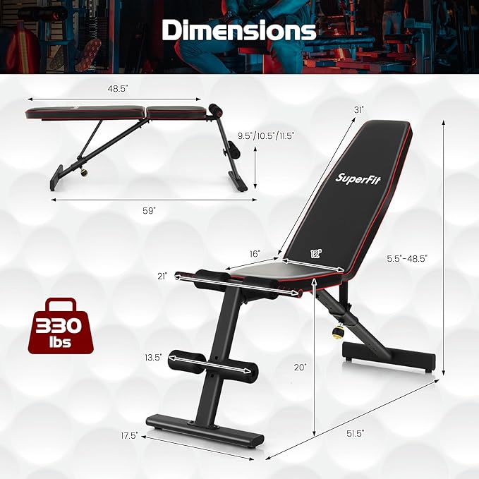 GYMAX Weight Bench, Adjustable Bench Press with 8 Back Positions & 3 Foot Positions, Padded Back & Seat Cushions, Incline/Decline/Flat Workout Bench for Weight Lifting Strength Training Home Gym