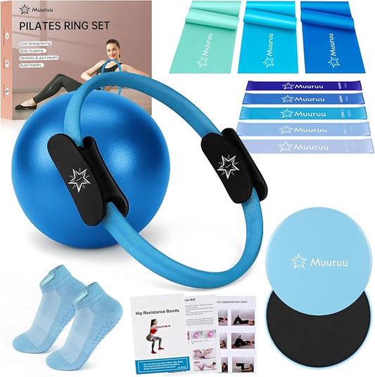 Pilates Ring Set, Pilates Essentials Kit for Home Workouts Women, Yoga Equipment Set with 14 Inch Magic Circle, 9.8” Ball, 5 Resistance Bands, 3 Long Stretch Bands, Core Sliders, Non-slip Socks