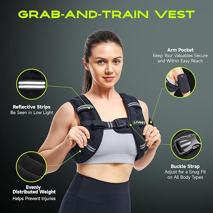 Weighted Vest Women with Pocket, 5 10 15 20 25 30 lbs Weighted Vest for Women Men, Weight Vest with Reflective Strips Adjustable Buckle Straps for Walking Running Strength Training Cardio Workout