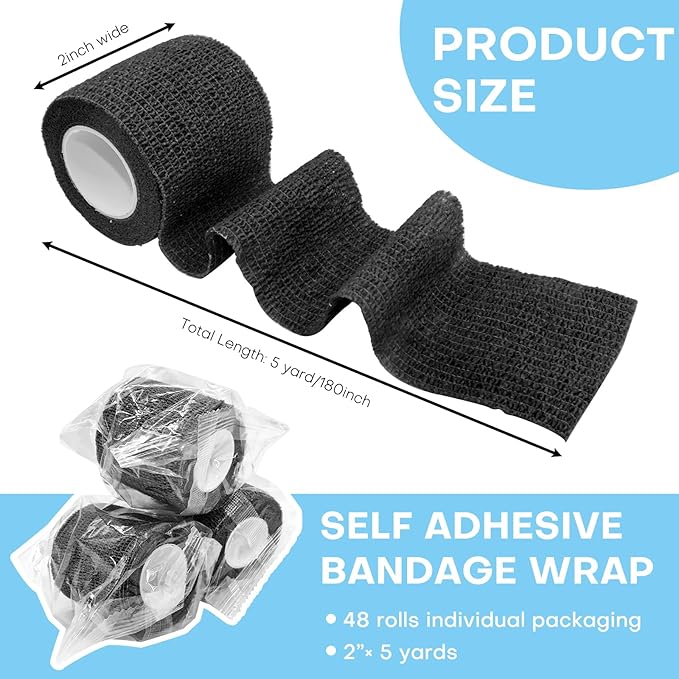 48 Pack 2” x 5 Yards Self Adhesive Bandage Wrap, Elastic Breathable Cohesive Bandage Wrap Athletic Stretch Tape for Wrist Ankle Sports (Black)