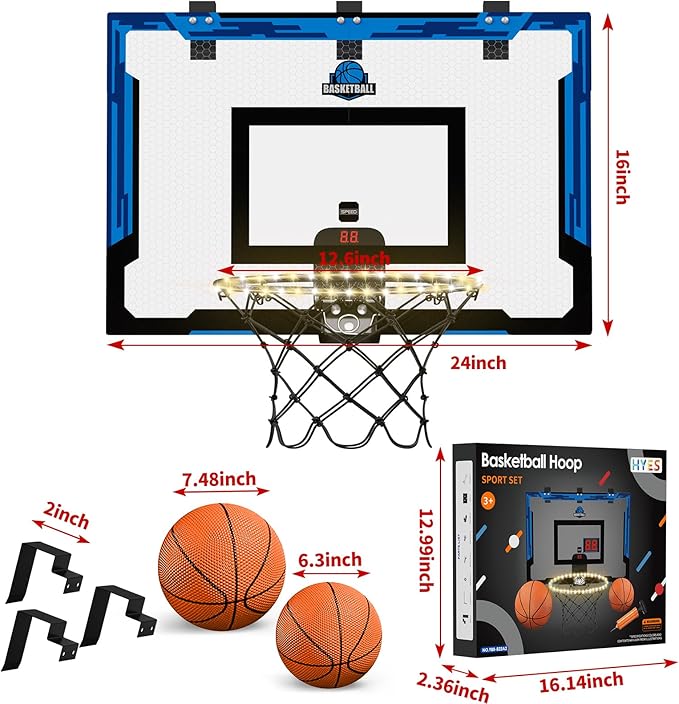 24" x 16" Large Basketball Hoop Indoor for Adults, Over The Door Basketball Hoop with Electronic Scoreboard/LED Rim, Big Basketball Toys Gifts Ideas for Man Kids Teens Boys Girls, Blue