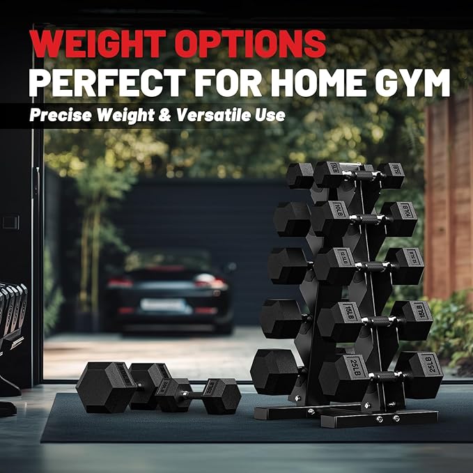 PAPABABE Dumbbell Set with Rack, Rubber Encased Hex Dumbbell Free Weights Dumbbells Set with Storage Rack, Home Weight Set
