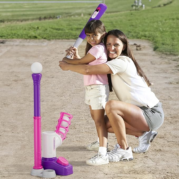 Tball Set for Toddlers 3-5, Tee Ball Set with Step on Pitching Machine/Adjustable Batting Tee/Retractable Baseball Bat/8 Pop Up Balls, Outdoor Sport Toy Games for Kids Girls