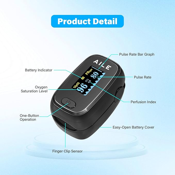 Pulse Oximeter with Fingertip Oxygen Meter : AILE Compact Fingertip Pulse Oximeter - Blood Oxygen/Heart Rate Monitor - 4 Color Screen Display - Including 2AAA Batteries for Athletic & Home (Black)