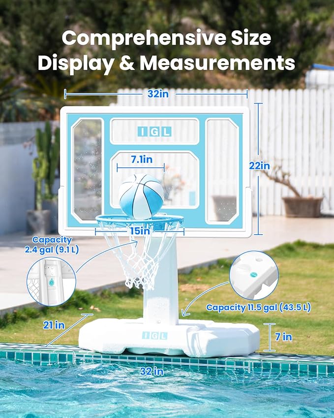 IGL DunkSplash Elite Pool Basketball Hoop, Swimming Pool Basketball Hoop Poolside with PC Backboard, Stainless Steel Rim, Water Storage Base & Stand with 2 Balls & Pump