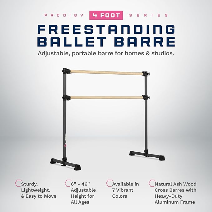VITA Barre Portable Freestanding Double Ballet Barre, Prodigy, Wood | Adjustable Height, USA Made, Home or Gym Exercise Equipment for Kids & Adults | Dance, Fitness, Pilates