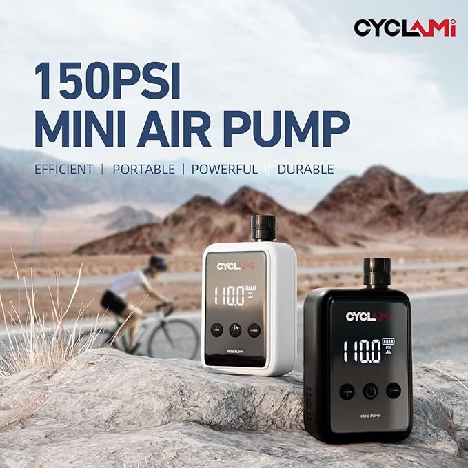 150 PSI Electric Bike Pump - Mini Portable Air Compressor with Digital Pressure Gauge, Auto-Off, Fast USB-C Charging for Presta/Schrader Valves - Cordless Bicycle Tire Inflator for Road/MTB