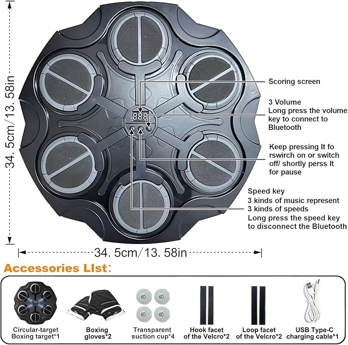 Music Boxing Machine- Smart Bluetooth Wall Mounted Boxing Training Equipment for Children, Electronic Boxing Target for Kids, Includes Gloves, Great Boxing Gift for Boys Girls (Black)