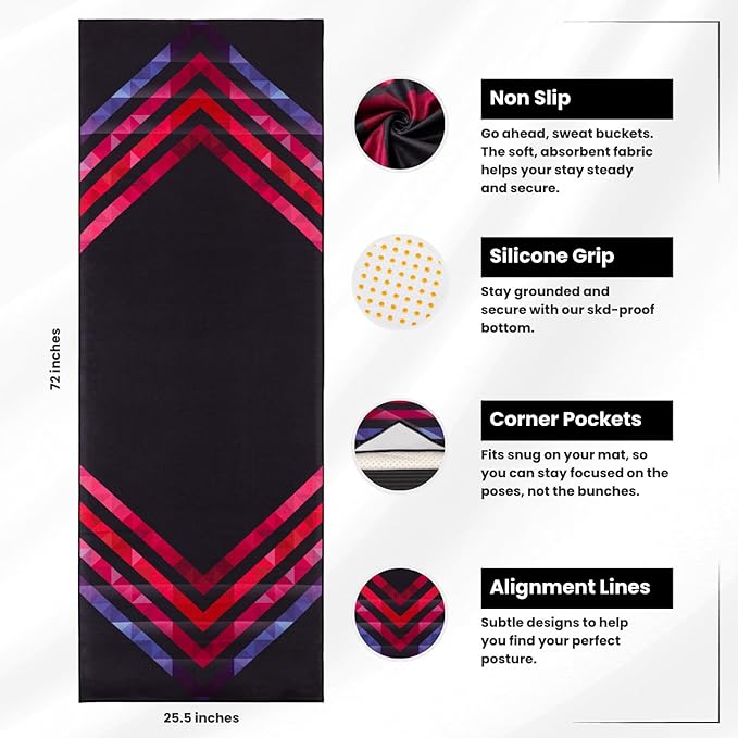 Yoga Drip Yoga Towel - Non Slip Hot Yoga Mat Towel With Corner Pockets, No-Skid Grip, and Built-in Alignment Lines | Soft, Moisture Wicking, and Sweat Absorbent | No Bunching, Stays in Place 72" x 25"