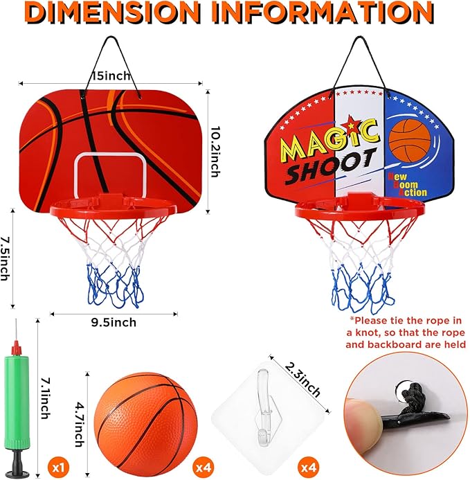 Sosation 2 Pcs Mini Basketball Hoop with 4 Basketball, Sticky Hook, Pump, Indoor No Drilling Basket Ball Hoop Decompress Game for Kid Adult Gift