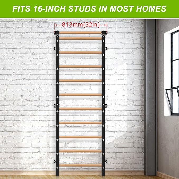 Wood Stall Bar, 2"x2" Swedish Ladder with 1" Hole, 11 Strategic Rods, Wall Mounted Suspension Trainer for Home, Gym, School and Clinic