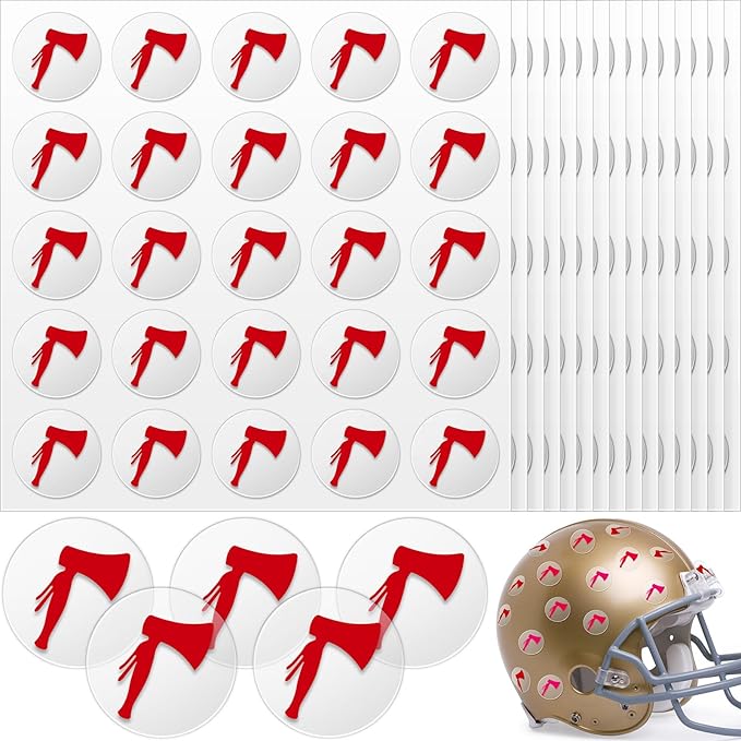 Jecery 200 Pcs 8 Sheets Football Helmet Stickers Hatchet Decals 1-1/8 Inch Self Adhesive Hockey Stickers for Baseball Softball (Red on Clear)