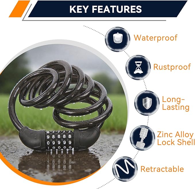 SEPOX® 2Pcs Pack 6FT Extra Long Cable Combination Bike Locks, 5 Digits Retractable Security Lock, 12mm Heavy Duty Anti Theft Anti Rust Cable for Bicycle, Scooter, Gate, Outdoor Equipment, Weatherproof