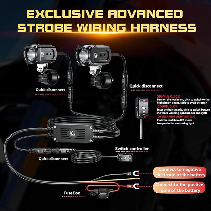 Kewig Motorcycle Auxiliary LED Light Kit Driving Spotlights White/Amber Fog Light with Mount Brackets Wire Harness Waterproof 60W Offroad Work Lights Compatible with Motorcycle J-eep Car Truck (Black)