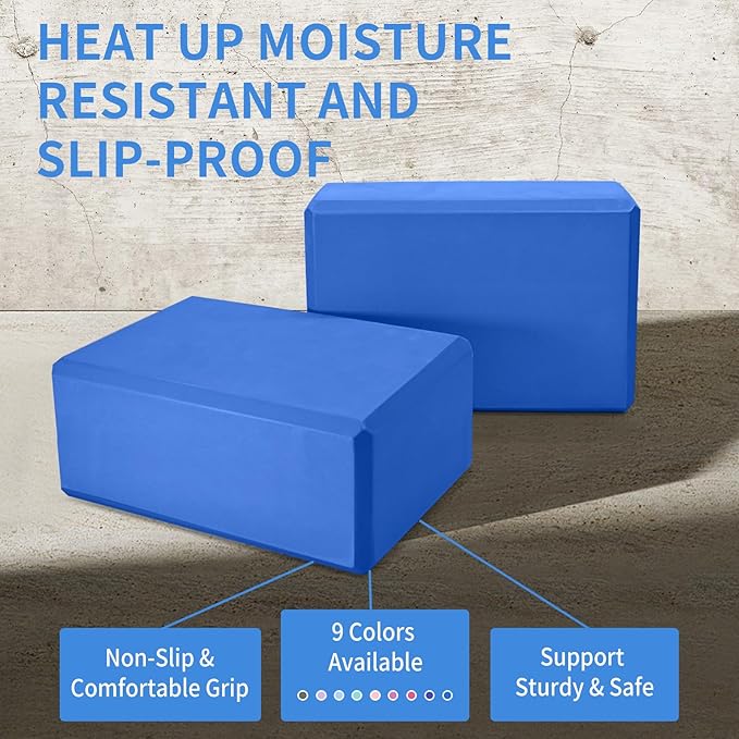 Yoga Block 2 Pack 9"x6"x3", Sturdy Yoga Foam Blocks, High Density & Non Slip Surface for Pilates & Stretching, Fitness Accessories for Stability & Balance
