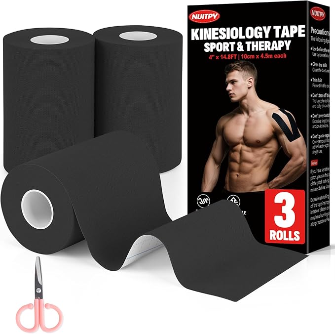 3 Rolls Kinesiology Tape, 4 inch x 14.8 Feet Waterproof Athletic Tape, Uncut Kinetic Tape, Elastic Muscle Tape, Sports Tape, Knee Tape for Exercise and Daily Use - Black
