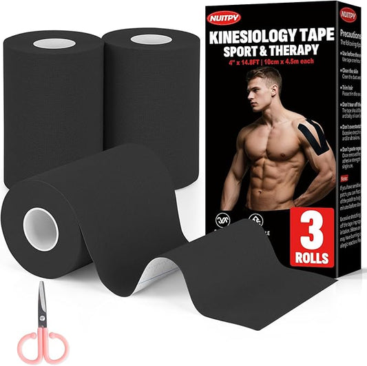 3 Rolls Kinesiology Tape, 4 inch x 14.8 Feet Waterproof Athletic Tape, Uncut Kinetic Tape, Elastic Muscle Tape, Sports Tape, Knee Tape for Exercise and Daily Use - Black