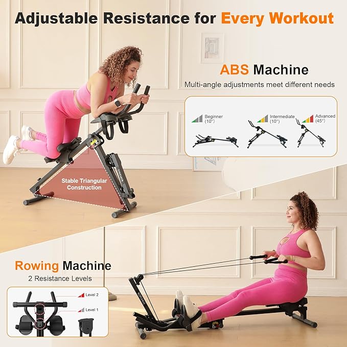 TOUSAINS 3 in 1 Rowing Machine, Ab Machine with Resistance Bands, Abdominal Trainers for Full Body Workout, Fitness Foldable Equipment Rowing Machine for Home Gym