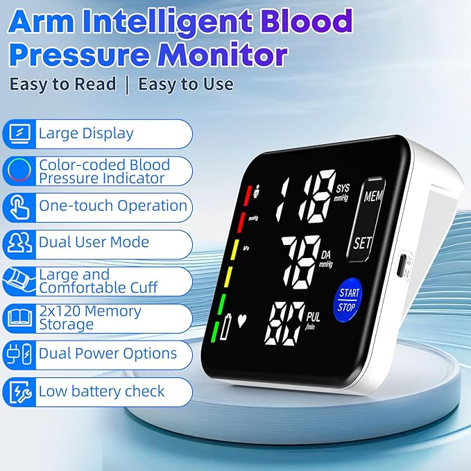 Blood Pressure Monitor Rechargeable Upper Arm Blood Pressure Monitors for Home Use Large Screen Bp Machine with 8.7"-16.5" Bp Cuff, 2x120 Memory, Voice Broadcast Bp Monitor (Black)