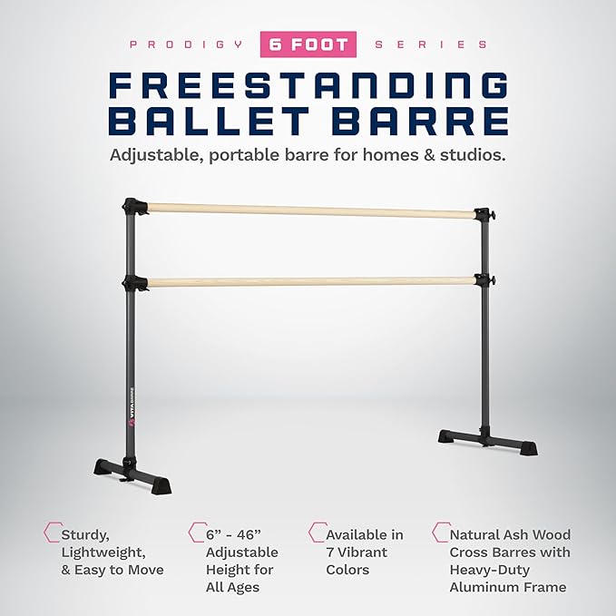 VITA Barre Portable Freestanding Double Ballet Barre, Prodigy, Wood | Adjustable Height, USA Made, Home or Gym Exercise Equipment for Kids & Adults | Dance, Fitness, Pilates