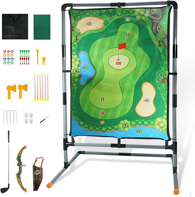 Golf Chipping Game with Stand, Multi-Sport Golf Practice Set with Archery, Darts,Double-Sided Hitting Mat for Backyard Fun, Indoor/Outdoor Sports Toy for Kids & Adults
