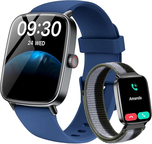 Smart Watch for Women/Men Android & iPhone, 1.85" Touch Screen Fitness Tracker with Answer/Make Call, IP68 Waterproof 24/7 Health/Sleep Monitor, Pedometer, 100+ Sport Modes (2 Bands), Dark Blue