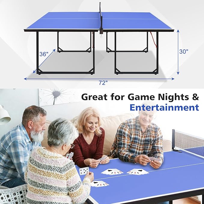 Ping Pong Table Foldable Table Tennis Table with Net, Table Tennis Paddles and Balls, 4.5FT/6FT/9FT MDF Multi-Use Family Game Table for Kid Teenager Adult, Compact & Portable
