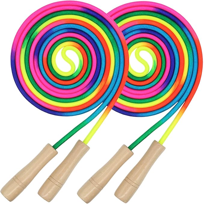 16 FT Long Jump Rope for Kids, 2 Pack Adjustable Double Dutch Skipping Rope with Wooden Handle, Multiplayer Rainbow Jumping Rope for Outdoor Fun, School Sport, Party Game