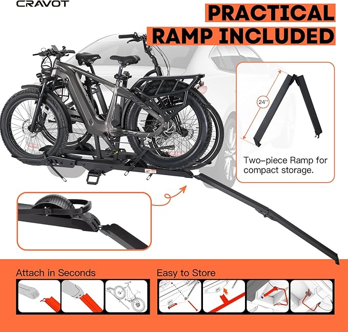 CyberRack E2 Plus EBike Rack with Ramp, 3Positions Foldable, 200 lbs Capacity Heavy Bike Rack Carrier for 2 E-Bike, Foldable Bike Racks for Tow Hitch Up to 5-in Fat Tire 2'' Receiver