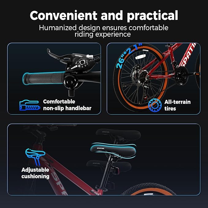 SPATIAL Mountain Bike, 24/26/27.5/29 inch Outdoor Cycling Bike,21/8 Speed Lightweight Aluminum Frame | Dual Disc Brakes,Adjustable Ergonomic Seat for Men Women Adult,MTB Bicycle