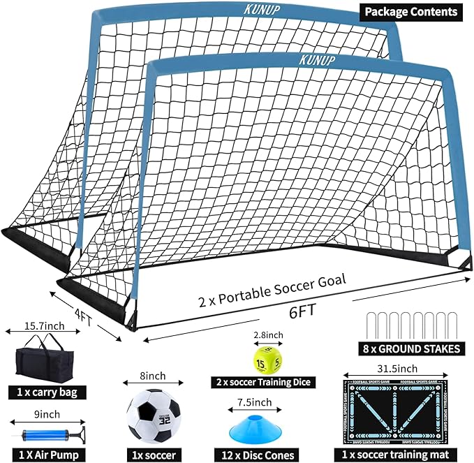 2 Pack Kids Soccer Goal for Backyard Set 6x4FT Portable Pop Up Soccer Net Training Equipment with Soccer Ball, Training Dice Mat, Cones and Carry Bag for Youth Toddler Teams Indoor Outdoor Sport Game