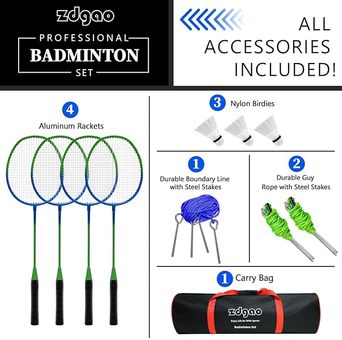 Zdgao Badminton Sets for Backyard, Portable Badminton Net with Tension Adjuster, Badminton Racket Set of 4, 3 Nylon Shuttlecocks, Boundary Line and Carry Bag for Backyard Beach Family Games