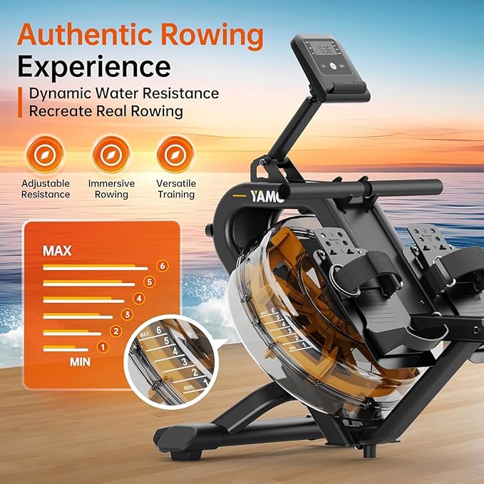 YAMO Water Rowing Machine for Home, Row Machine with 330LB Weight Capacity, Support Bluetooth & Compatible with Apps, Water Row Machine with Comfortable Seat and Tablet Holder