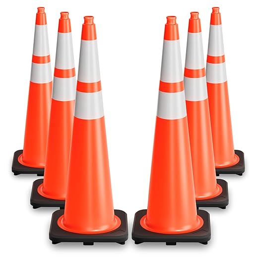 36 Inch Traffic Cones with Heavy Weighted Base (6 Pack) - Orange Safety Cones with Reflective Collars for Parking Lots, Road Construction, and Event Control