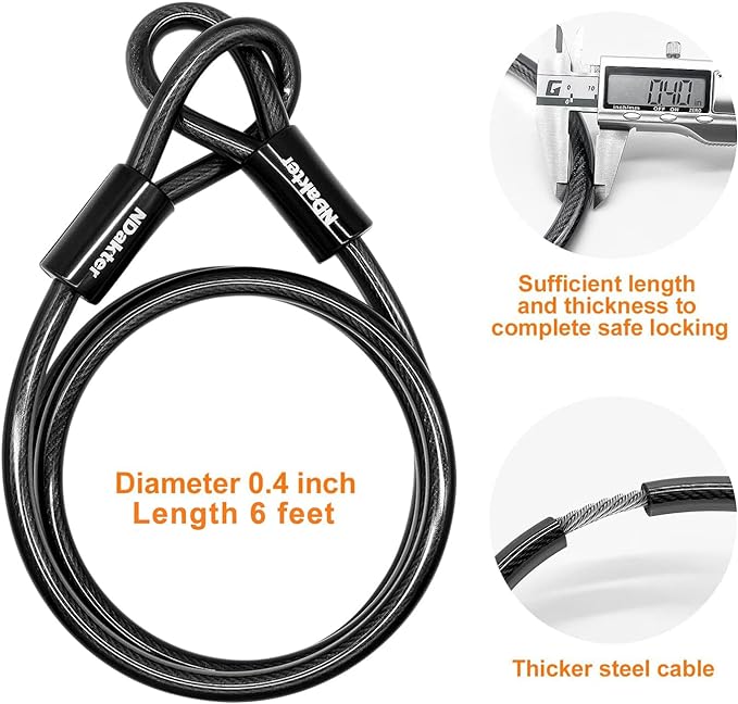 NDakter Bike Locks Heavy Duty Anti Theft, Bicycle U Lock for Ebike, 18mm Shackle, 6FT Steel Security Cable with 3 Keys for Electric Escooter, Motorcycle, Moped, Dirt-Bike, Tri-Bike Wheel Lock Sturdy