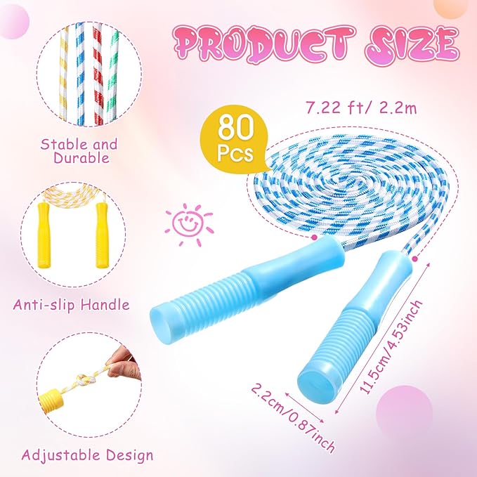 Aoriher 80 Pcs Jump Rope Bulk Kids 7.22 ft Adjustable Stripe Skipping Rope Outdoor Exercise Fitness Equipment for Back to School Class Playground Activities Set, 4 Colors