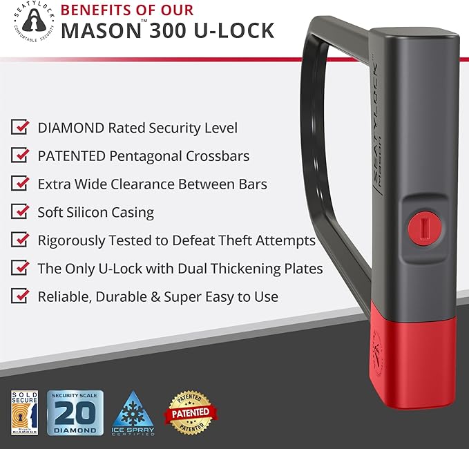 Seatylock Mason Bike U Lock - Patented Heavy Duty Anti Theft Diamond Secure ULock - Ultra Security Bicycle Safety Tool with Keys for City Electric or Mountain Bikes and Scooters