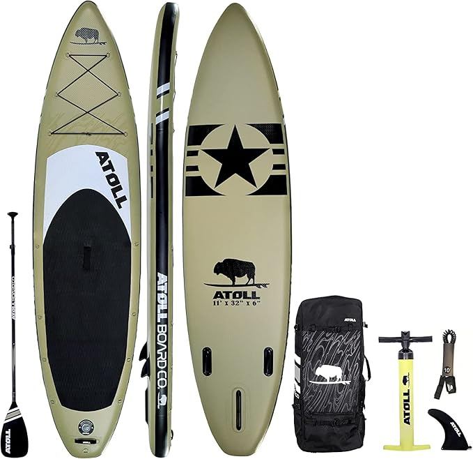 Atoll Inflatable Stand Up Paddle Board ISUP, Bravo Hand Pump and 3 Piece Paddle, Travel Backpack and Accessories New Leash Included Two Sizes - 11ft and 9ft