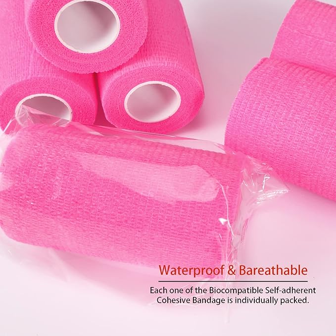 24 Pack Self Adhesive Bandage Wrap, 2” x 5 Yards Vet Wrap Cohesive Medical Tape Elastic Grip Tape Sports Tape Athletic for Ankle, Wrist Sprains, Pet (Pink, 4 Inch)