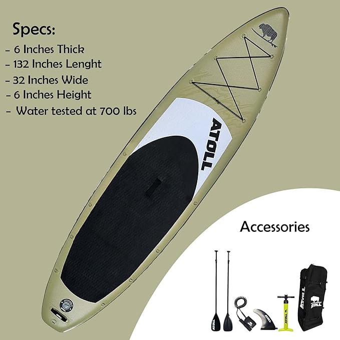 Atoll Inflatable Stand Up Paddle Board ISUP, Bravo Hand Pump and 3 Piece Paddle, Travel Backpack and Accessories New Leash Included Two Sizes - 11ft and 9ft