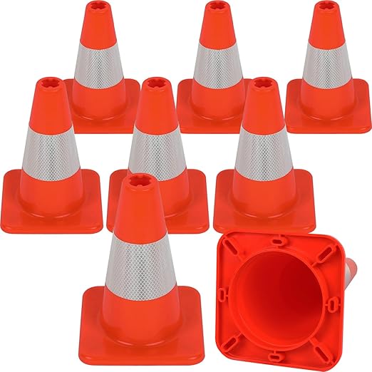 8 Pack All-PVC 1-Piece Traffic Cones, 360° Visible Fluorescent Orange-Red, No Base Separation for Parking, Sports, Driving Training, Construction Events