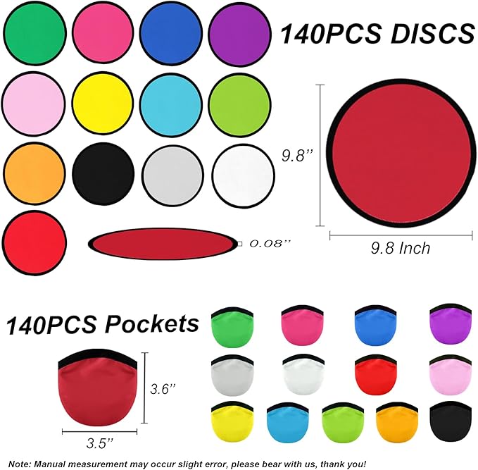 140 PCS Foldable Flying Disc Fans with Bags, 9.8'' DIY Handheld Black Egde Fabric Folding Fan for Outdoor Game Activities Birthday Party Favors Gifts, 14 Colors