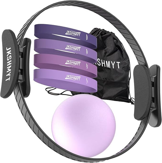 JKSHMYT Pilates Ring-14.5" Home Pilates kit with Padded Handles, Mini Ball, Resistance Bands, Guide & Bag, Better me Pilates Essentials Circle Set for Workouts Women