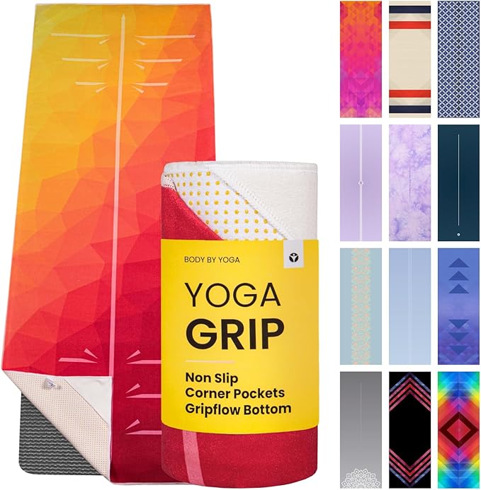 Yoga Drip Yoga Towel - Non Slip Hot Yoga Mat Towel With Corner Pockets, No-Skid Grip, and Built-in Alignment Lines | Soft, Moisture Wicking, and Sweat Absorbent | No Bunching, Stays in Place 72" x 25"