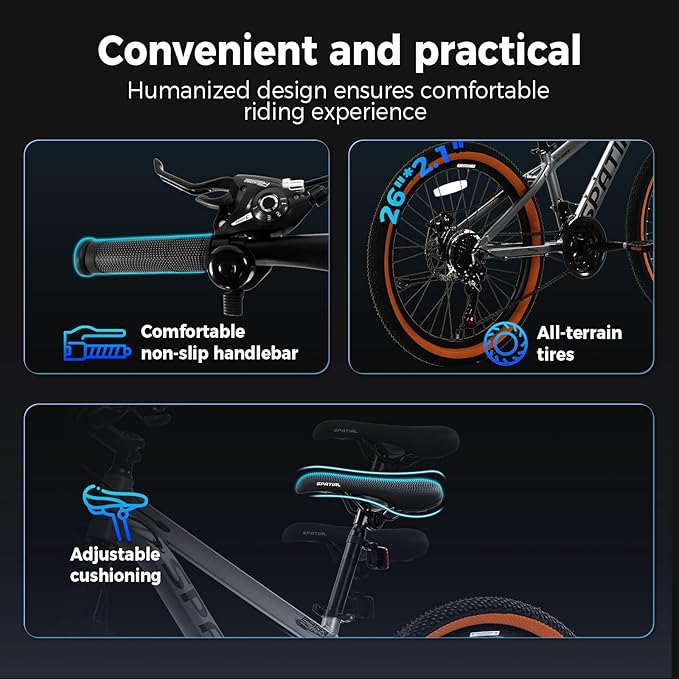 SPATIAL Mountain Bike, 24/26/27.5/29 inch Outdoor Cycling Bike,21/8 Speed Lightweight Aluminum Frame | Dual Disc Brakes,Adjustable Ergonomic Seat for Men Women Adult,MTB Bicycle