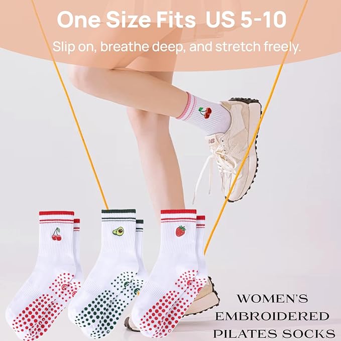 EUDOLAH Cute Yoga Socks for Women Pilates Barre Breathable Non-Slip Crew Grip Sock With Stripes Anti-friction Athletic Socks