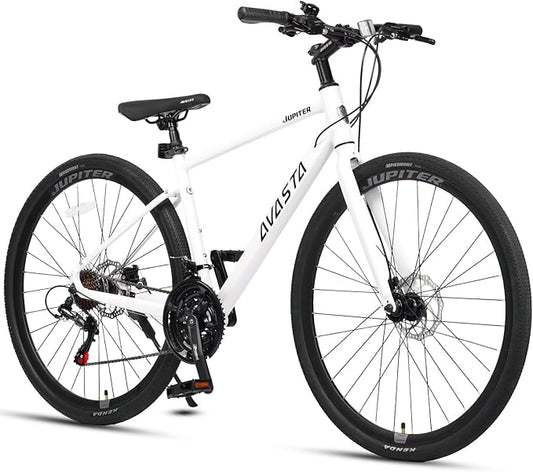 AVASTA Jupiter 700C Road Adult Step-Over Hybrid Cycling Bike Bicycle, Aluminum Frame, 21-Speed, Dual Disc Brakes, Multpile Colors for Men Woman Male Female