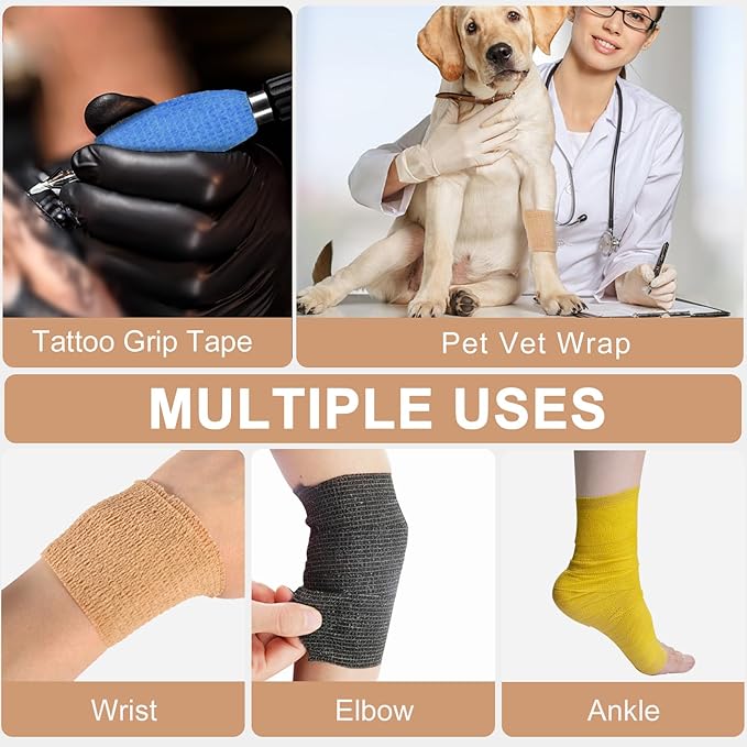 12 Pack Self Adhesive Bandage Wrap, 2” x 5 Yards Cohesive Medical Tape Elastic Grip Tape Black Sports Tape Athletic for Ankle, Wrist Sprains, Pet First Aid (12pcs-Brown, 4 Inch)